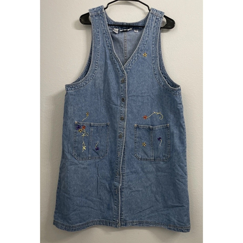 Vintage J.L.N.Y. Denim Sleeveless Jumper Dress Size 1X Floral Embroidery